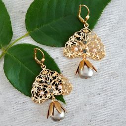 Gold Filigree Earrings with Large Pearl Drop