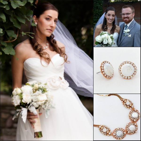 One of our favorite brides we connected with through a running site. She is wearing Haute Bride earrings & necklace and her sash incorporates the trim from her mother's wedding gown.