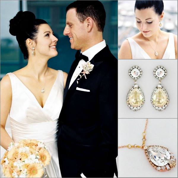 Simple & sophisticated bridal style. Our bride is wearing Haute Bride earrings & matching pendant in golden shadow.