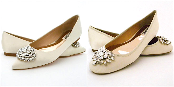 Pointed toe or rounded? The classic ballet flat with a crystal ornament offered both ways by Badgley Mischka. On the left is Davis on the right is Bianca.