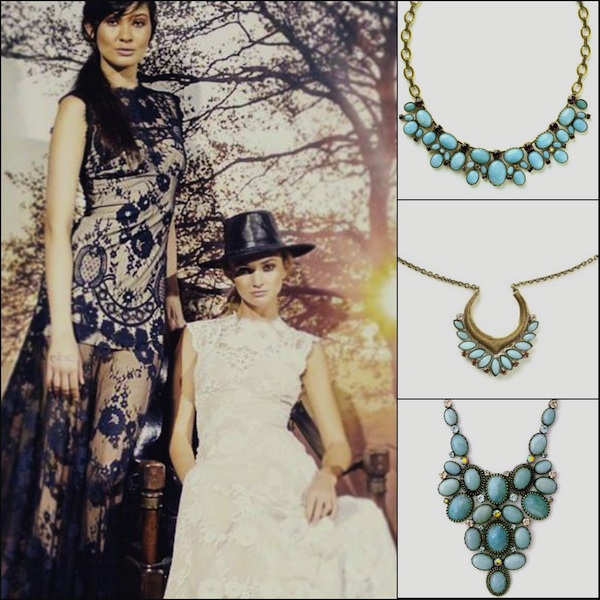 A simple pendant, statement necklace or jewels that follow the shape of the neckline layered over lace can create a stunning look.  Turquoise paired with black never fails to be a winning combination.