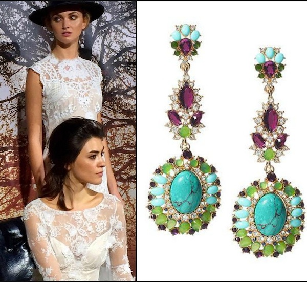 Stunning, colorful chandelier earrings add the finishing detail to a lace bodice with a high neckline.  The ruby gems paired with turquoise is a unique look that provides extra color and stays true to the western theme.