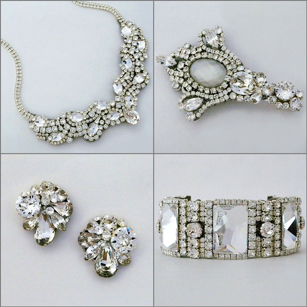 Erin Cole statement bridal necklace and bracelet with sparkling post earrings and a modern vintage hair clip.  Reminescent of the "Old Hollywood Glamour"