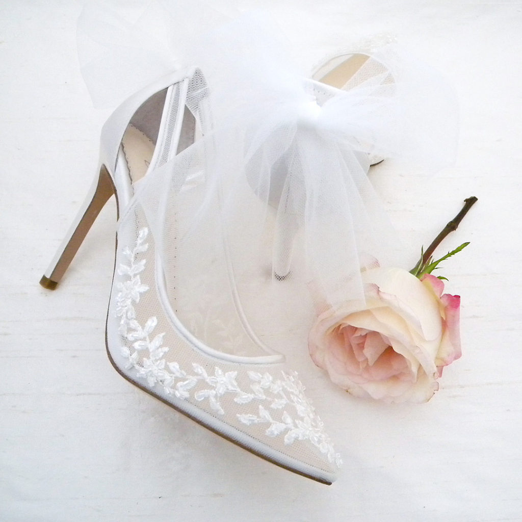 Bella Belle Edna Wedding Shoes, lace wedding shoes, tulle bow