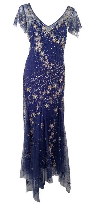 A current celestial inspired midnight blue gown from the 2016 Belville-Sassoon collection with silver stars embellishements over a light and airy tulle.