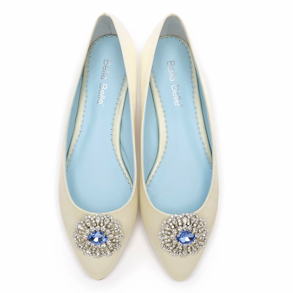 Jackie classic silk flats made lovely with a vintage ornament that dazzles with a sparkle of blue.