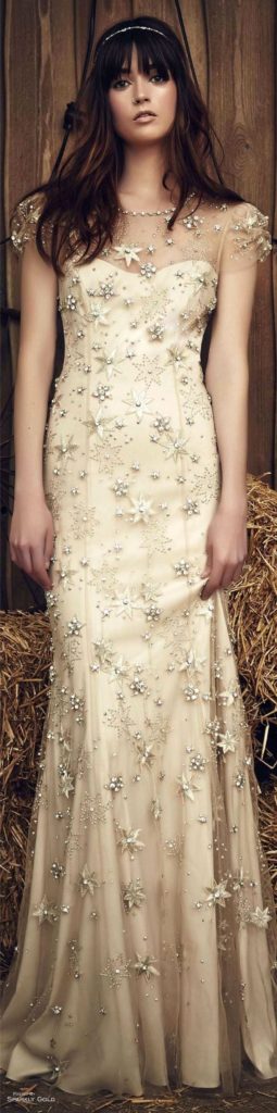 Lucky by Jenny Packham style JPB649 similar design with silver star appliqués and sheer beaded bodice and cap sleeves. Can't resist, a bride who wears this gown must thank her "lucky stars"