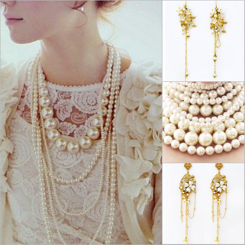 Pearls and lace for the Bohemian Chic Bride uniquely accessorized with Pansey & Jameson   shoulder duster vintage bridal earrings.