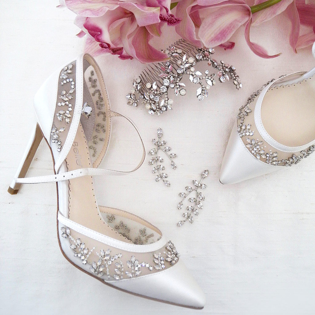 Bella Belle Emma bridal shoes, haute bride hair comb, crystal chandelier earrings