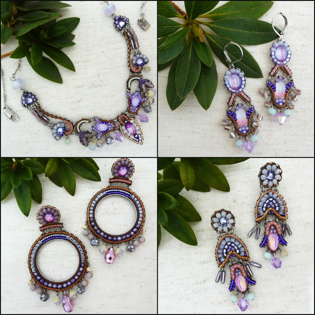 ayala bar plum blossom collection. lilac, lavender, purple, necklace, earrings, hoop earrings