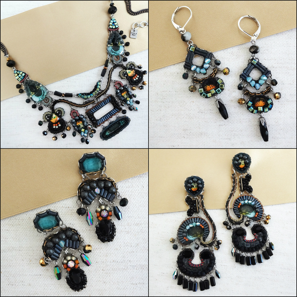 Ayala bar black forest collection. black statement jewelry, necklace,earrings, chandeliers