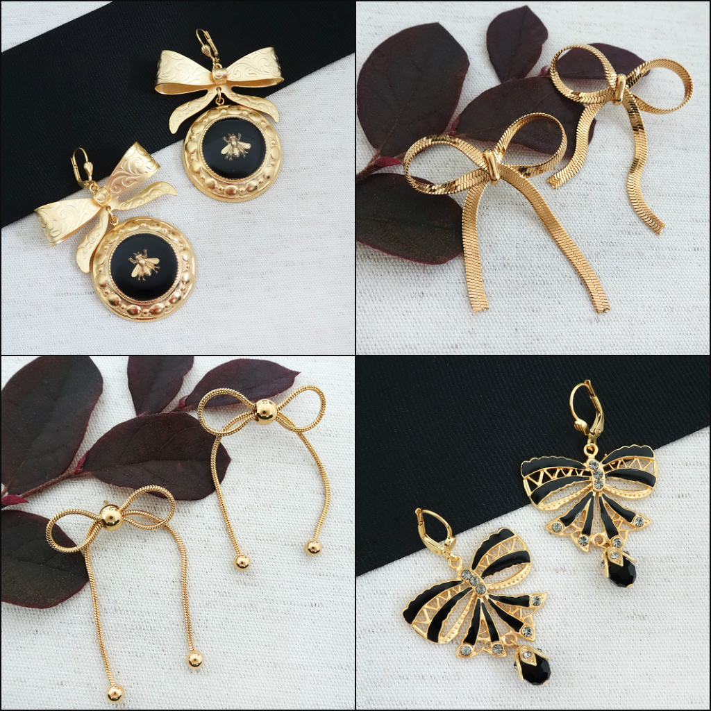 statement gold bow earrings with large black bee motif, gold bow earrings, gold & black vintage bow earrings, 