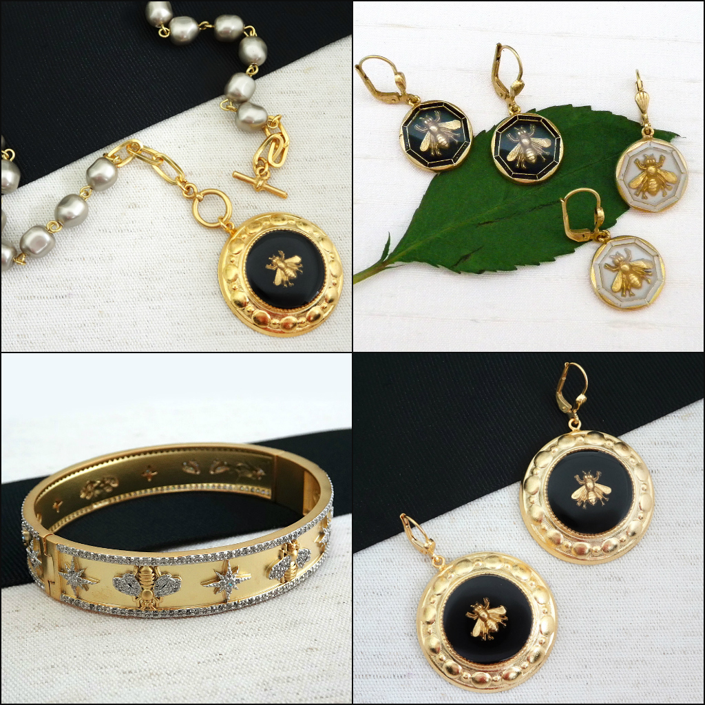 bee jewelry. enamel earrings & pendant featuring bees by La Vie Parisienne. gold bangle with rhinestone bees and stars.