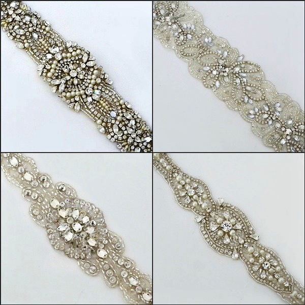 Several of our new ornately beaded crystal belts from Fiori Couture.  These stunners are actually sized and snapped into place so you can wear again when sparkle at the waste is a necessity.