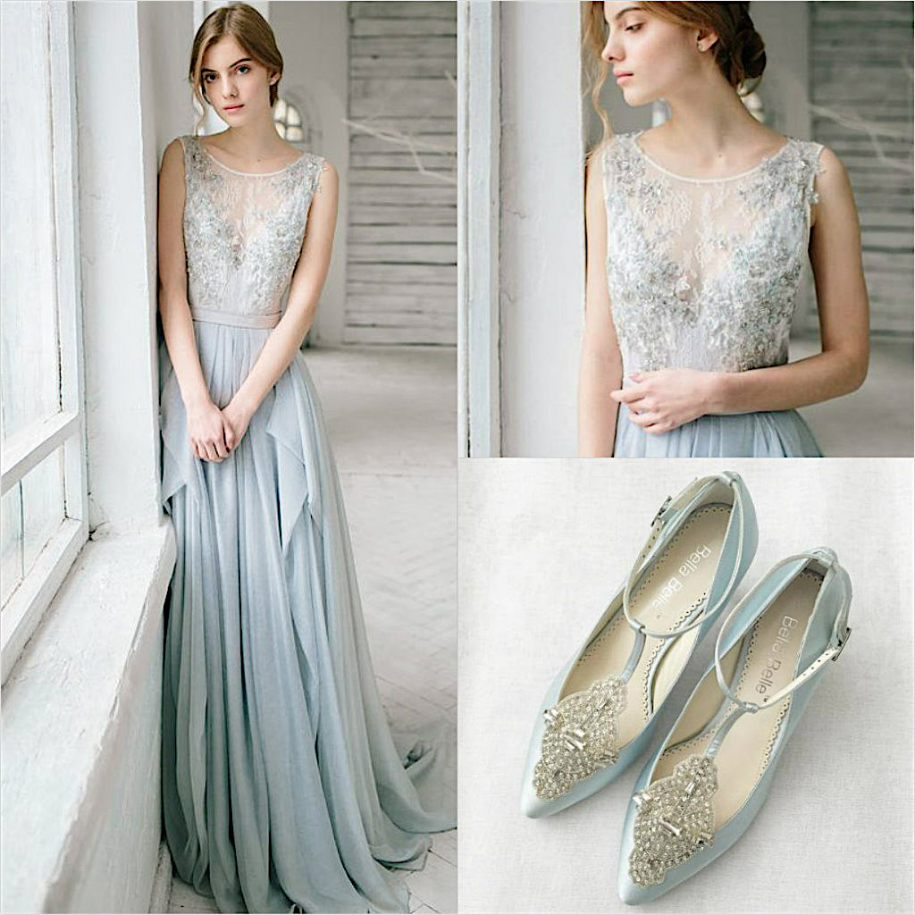 Our Annalise pale blue shoes are perfect with this vintage blue gown. Unfortunately the gown designer is unknown to us.