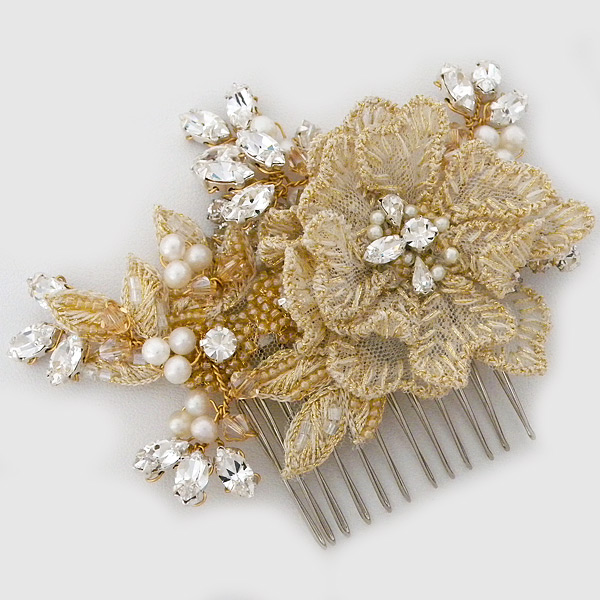 The Celeste gold floral hair comb by Laura Jayne Bridal is a favorite accessory for Fall brides.