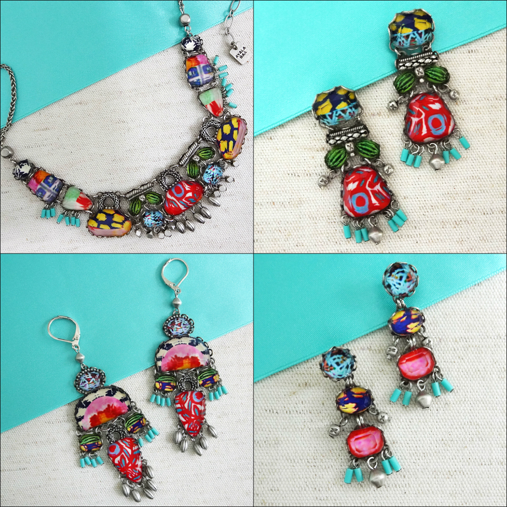 Alaya Bar Carnival Collection. Bright reds, pinks and blues, necklaces, earrings.