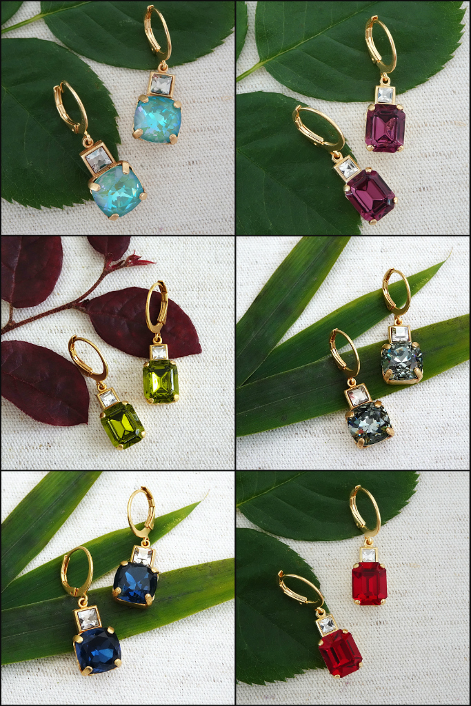 small crystal drop earrings with square or rectangle crystal drop in an array of colors