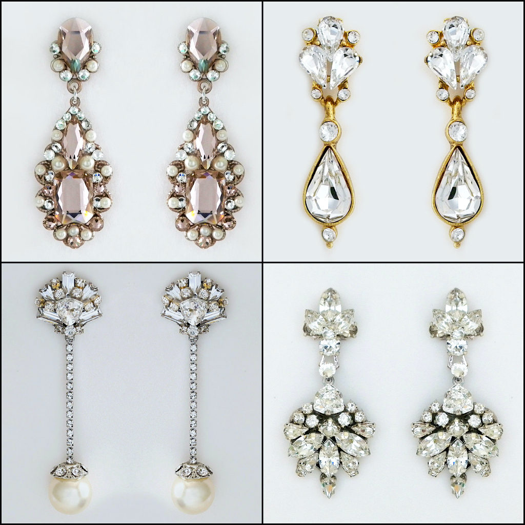 Crystal drop bridal earrings and chandelier earrings from Erin Cole, Paris by Debra Moreland & Cheryl King couture offer large posts supporting intricate drops that cover oversized lobes or ear injuries and can be ordered pierced or with clips.