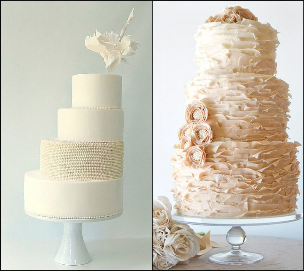 I love the modern edge of the cake on the left that is created with a Georgia O'Keeffe flower, and the pearls add a touch of tradition.  The cake on the right must have drawn it's inspiration from the many blush gowns with massive ruffle skirts that have been so on trend.