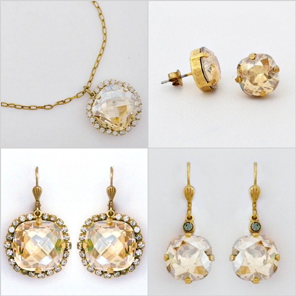 A variety of earring styles and our popular Parisian Glam Pendant in champagne.