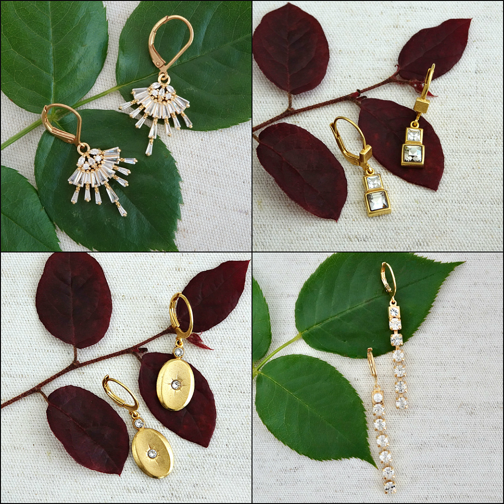 Delicate gold and crystal earrings. Small chandelier earrings, petite square drop earrings, gold oval earrings with a tiny crystal center, delicate long drop earrings.