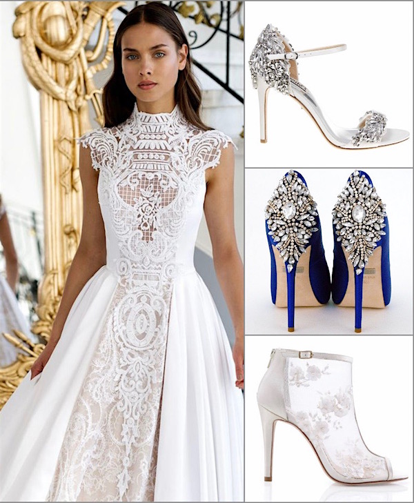 A bold gown with trendy lace detailing and appliqués can be worn with a barely there strappy sandal or a bold shoe that holds its own, such as these bright blue shoes and sparkling sandals. Gown from the Nurit Hen Royal Couture Collection. 