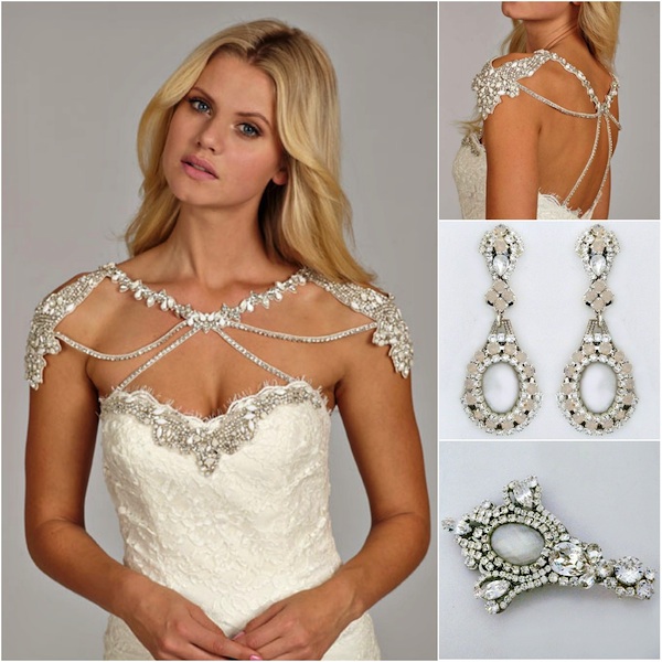 Love how our Erin Cole earrings and hair clip work with this gorgeous Hailey Paige gown. The white opalescent stones pick up the beading detail perfectly.