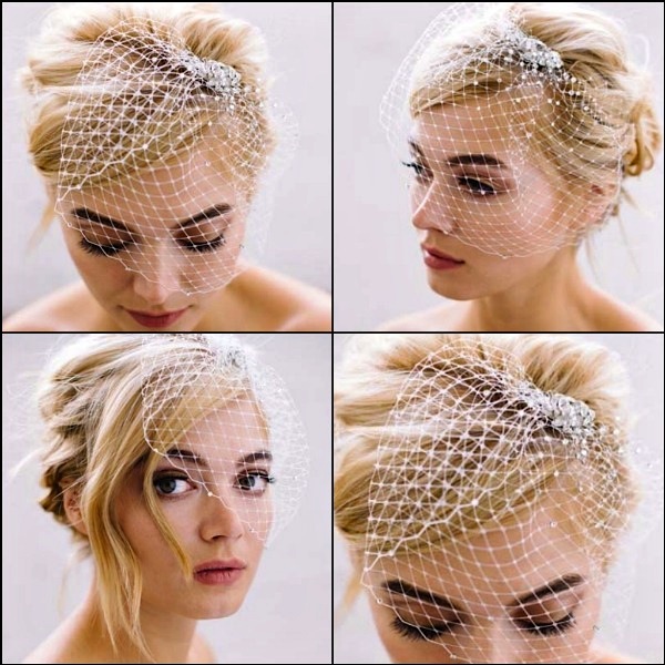 French net asymetrical face blusher with a scatter of tiny crystals over the netting on a crystal encrusted comb.