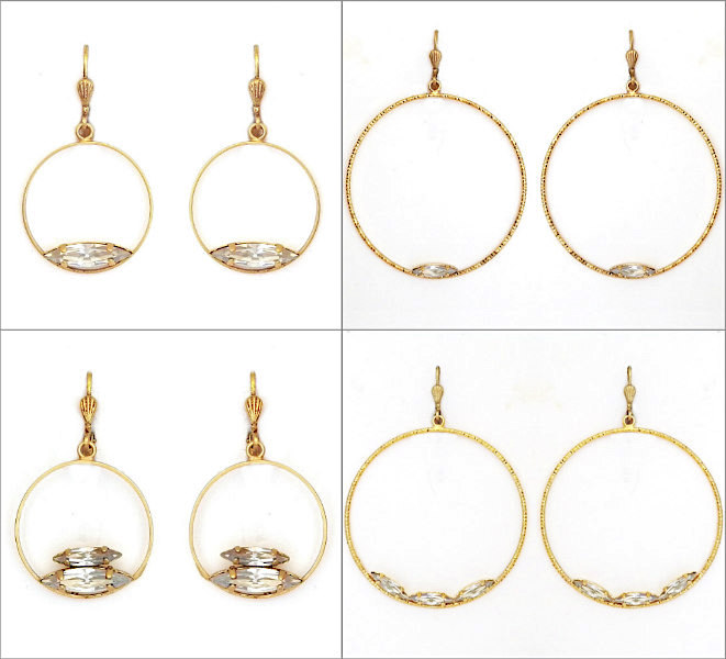 Modern hoop earrings in both medium and large sizes with single, double and even triple accents of marquis crystals. Contemporary bling that isn't over done.