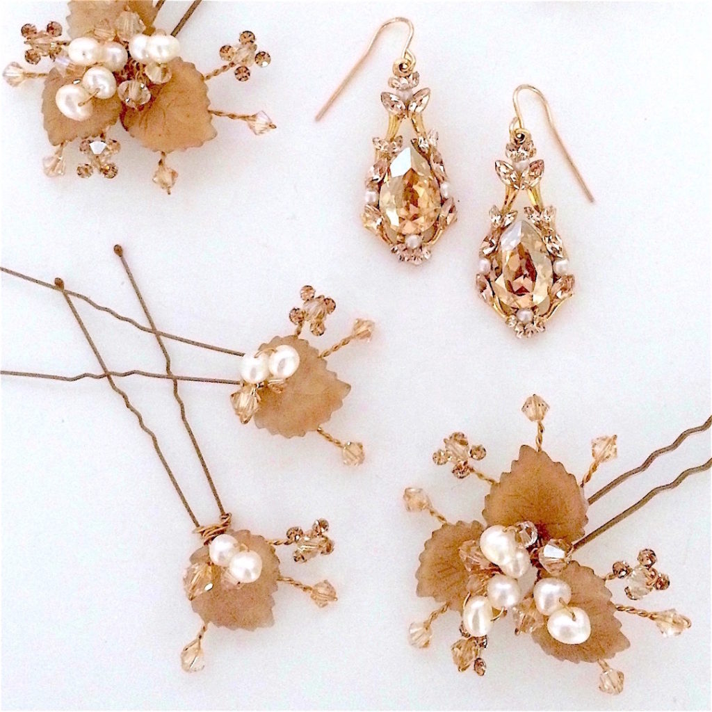 What could be more perfect for fall than these gold leaf bridal hair pins by Laura Jayne Bridal paired with sparkling champagne earrings by Meg Jewelry.