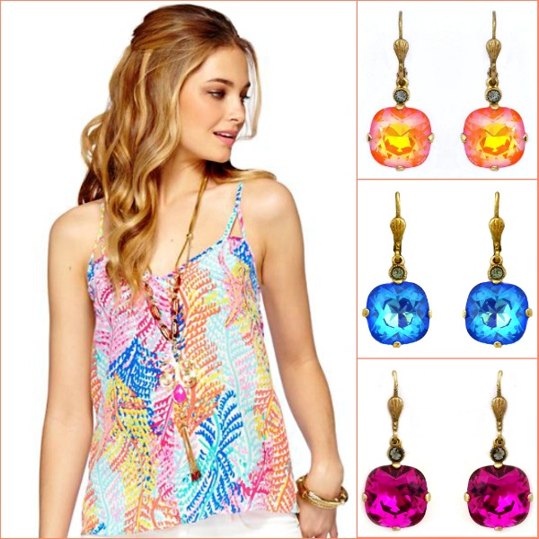 Favorite Lily Pulitzer top with Catherine Popesco earrings in tangerine, ultra blue & fushia.