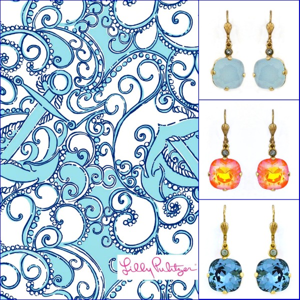 Lily Pulitzer Anchor print with Catherine Popesco earrings in ice blue, tangerine & Montana blue.