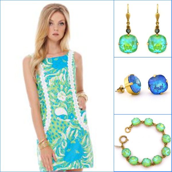 Favorite resort dress with Catherine Popesco ultra lime drop earrings & bracelet and ultra blue studs.