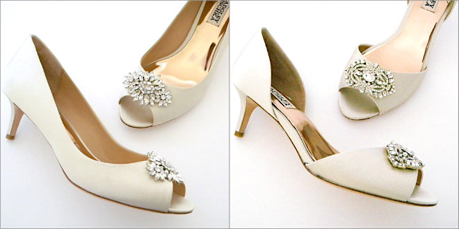 Two styles from Badgley Mischka, Nakita and Petrina offer classic evening shoe styling on a 2" heel along with stunning crystal ornaments. both these styles are available in silk white and ivory and can be dyed and color.