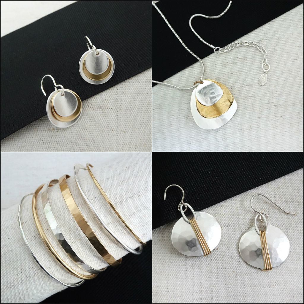 marjorie baei jewelry. mixed metal jewelry. earrings, pendant necklace, earrings