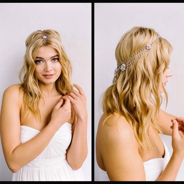 Matty bridal hair chain worn for a delicate look in the front and major sparkle in the back.