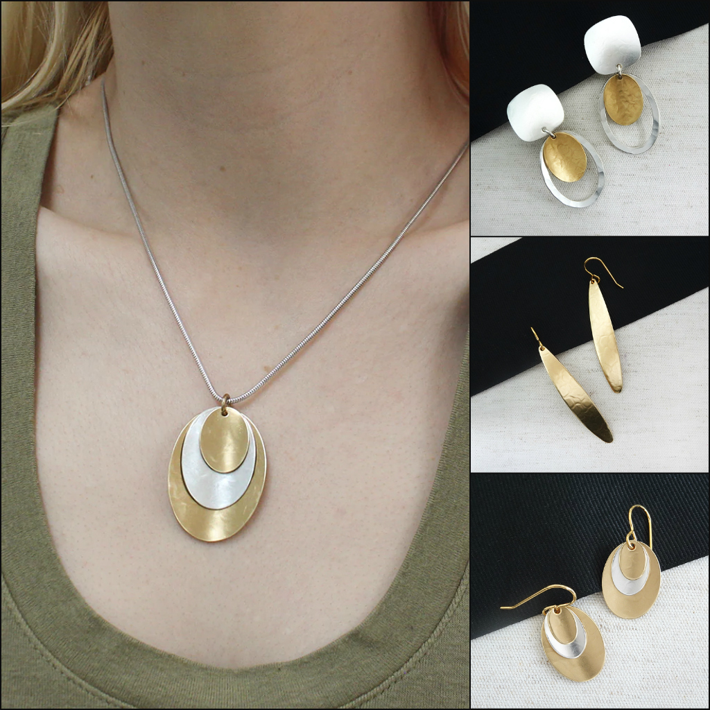 pendant necklace on model with 3 different earring options