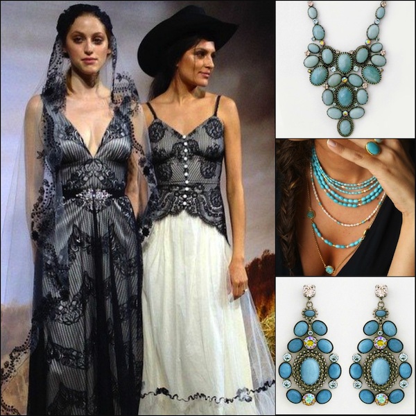 The plunging "V" necklines in these dresses beg for a statement necklace or layers of necklaces that  complement the neckline of the gown, or a stunning chandelier earring as a finishing touch.