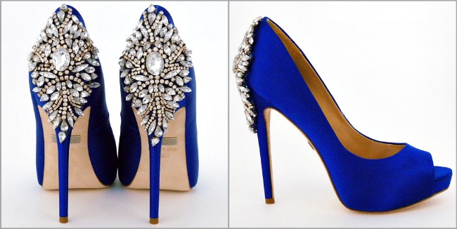 Keira Sapphire blue wedding shoes by Badgley Mischka.  The electric blue color makes an entrance, and the amazing crystal heel applique sizzles as you exit. 