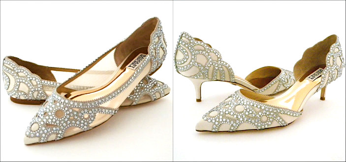 Meet Gi-Gi our most desired flat from Badgley Mischka on the left and a low heel interpretation of this stunning style Ginny, on the right. This gorgeous crystal pattern is also offered in 2 high heel styles in case you are thinking of wearing heels and then changing into flats.