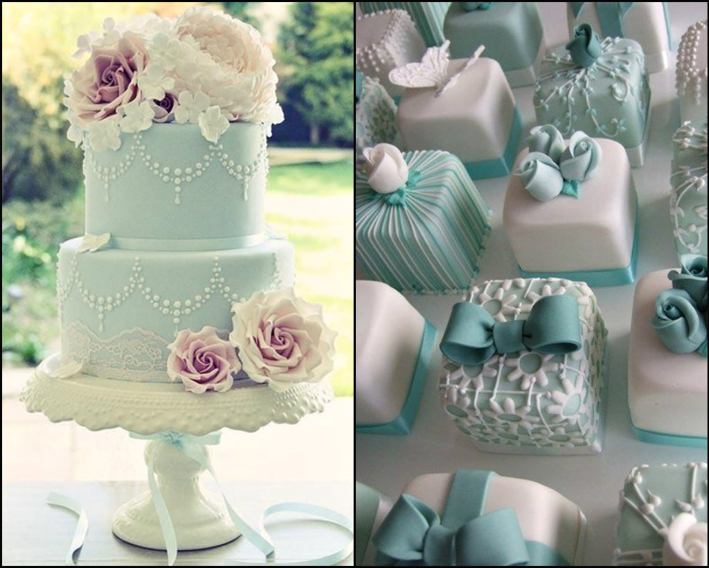 Small cakes inspired by the infamous blue gift box and a beautiful Tiffany blue cakes with gorgeous roses.