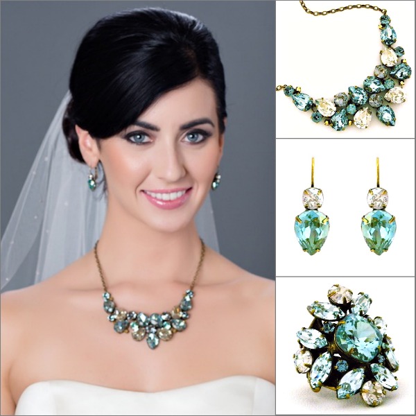 Vintage inspired crystal jewelry from the Afterglow Collection. Brides are loving wearing color with their gowns, as they know they will have many opportunities to wear it again.
