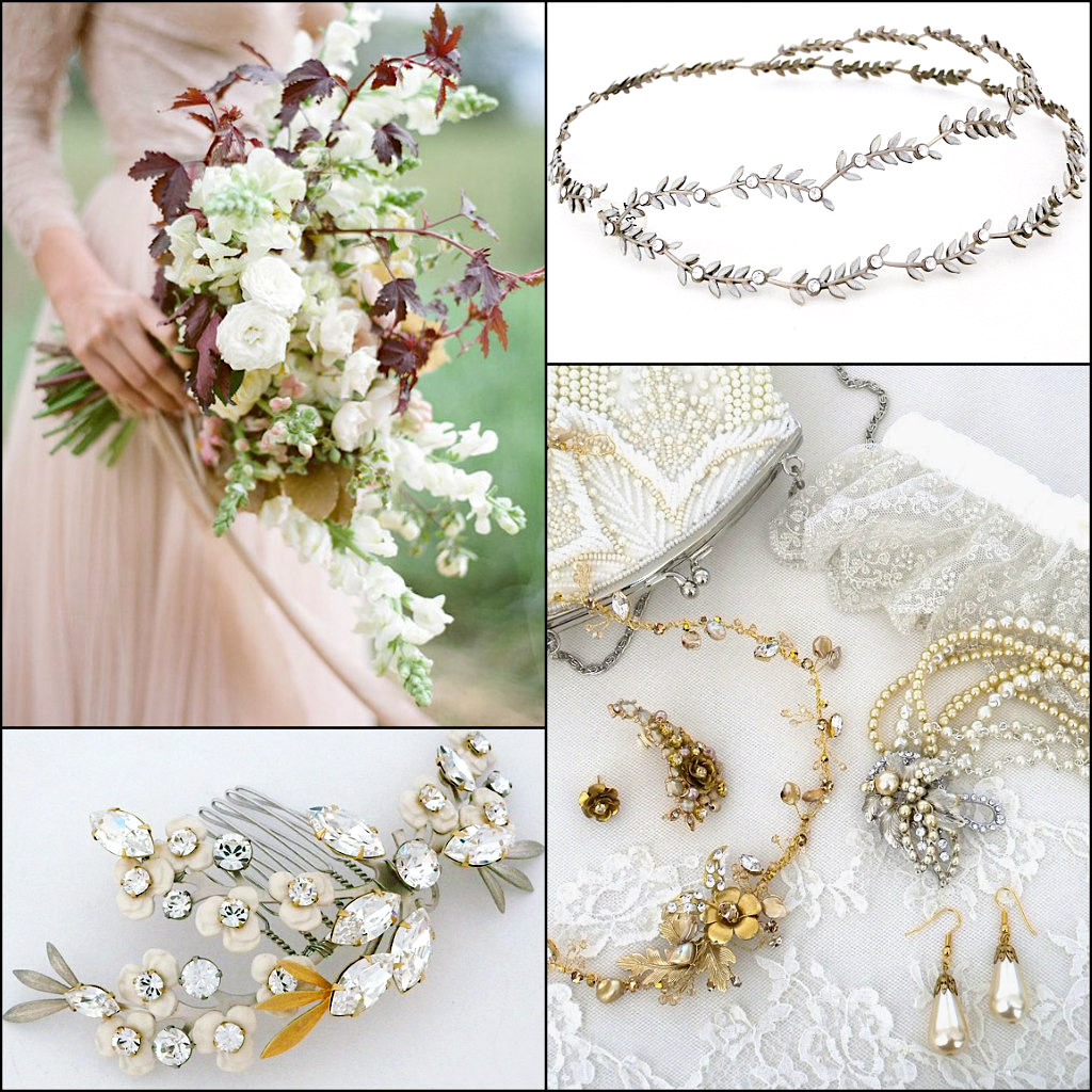 Complete your Fall Wedding look with fabulous bridal headpieces, jewelry and accessories. Shown are bridal hair accessories and jewelry from Debra Moreland for Paris, hair vine by Justine M. Couture, ear cuff from Pansey & Jameson, beaded handbag by Moyna and our own lace wedding garter.