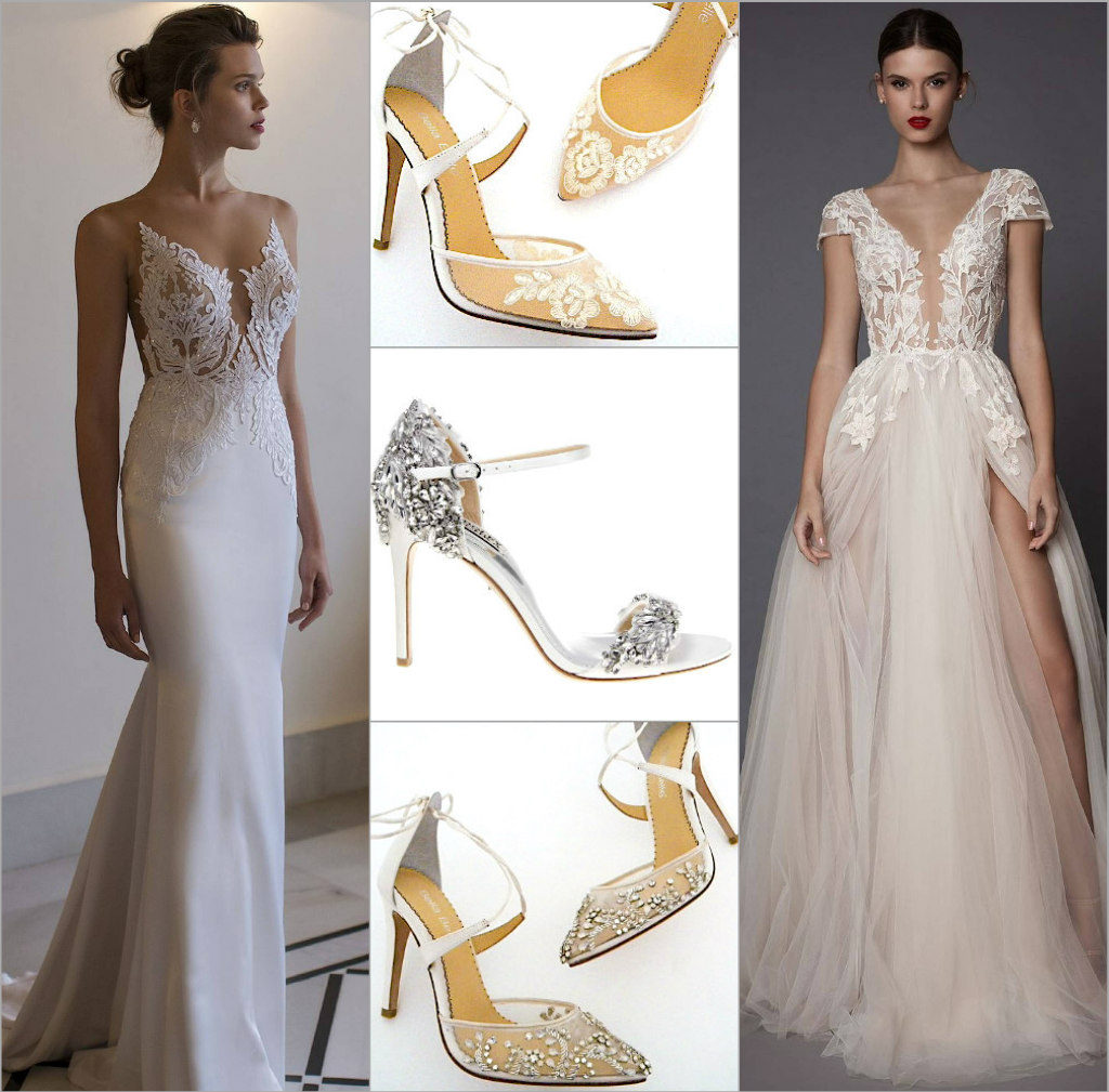 The "Naked Dress" trend introduced in 2016 continues to the most coveted gown style in 2017. These bold and daring dresses require fabulous statement shoes, even when softened with layers of tulle. Both Anita & Florence by Bella Belle offer sheer sexiness. Anita complements the lace appliques, Florence adds sparkle & glam. A sexy strappy sandal is also a fabulous look with these gowns. Badgley Mischka's, Tampa bridal sandal offers plenty of bling & sexiness and we are partial to the ankle strap. Gowns by Riki Dalal Verona Collection & Muse by Berta Bridal.