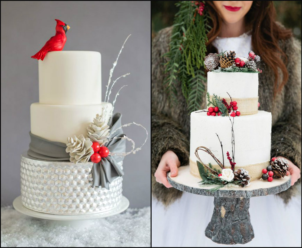 Rustic Winter weddings.  Incorporating pine cones and red winter berries define the mood of these wedding cakes.