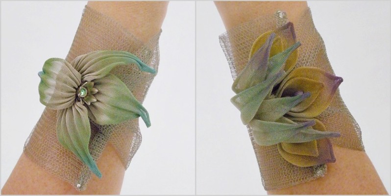 Hand-crafted wrap cuffs by Sarah Cavender.  Cyclamen flower & Lily of the Valley flower.