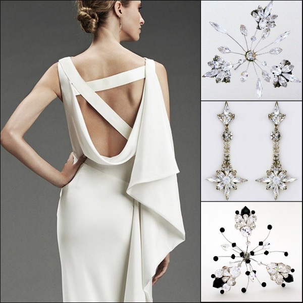 A clean, simple gown with spectacular construction begs for starburst jewelry & hair accessories from Erin Cole.