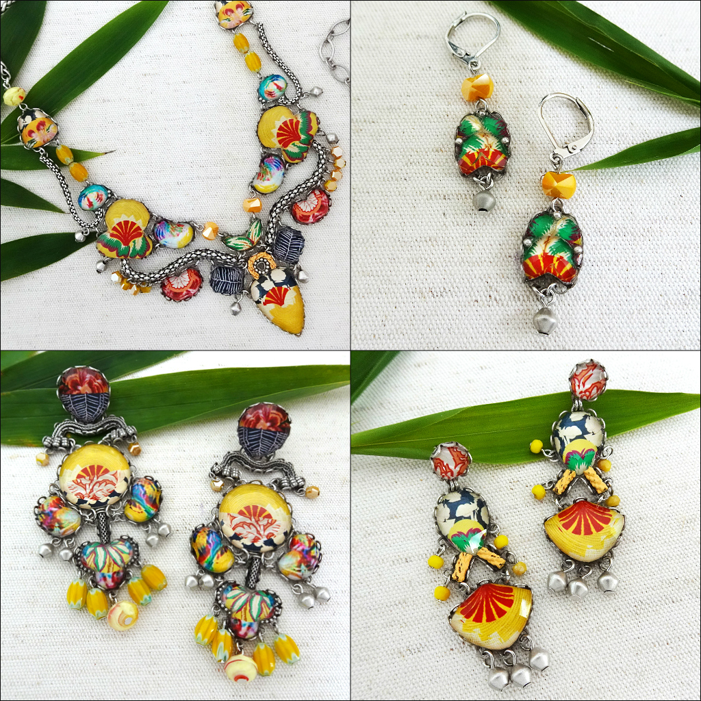Bright sunset collection. statement necklace, small and large earrings. bright yellow, red, green orange accents, dangling beads