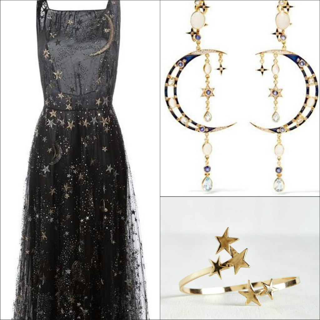 I can't decide which is more amazing. The midnight Valentino Gown or these amazing moon and star chandelier earrings.